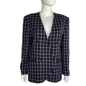 Rena Rowin for Saville Vintage 90s Grid Plaid Padded Shoulder Wool Blazer